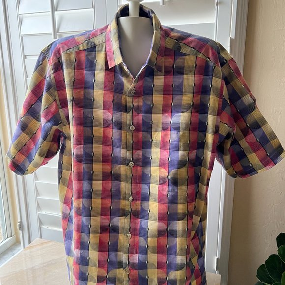 JHANE BARNES COLLECTION vintage shirt in size L geometric hues of purple gold - Picture 1 of 9